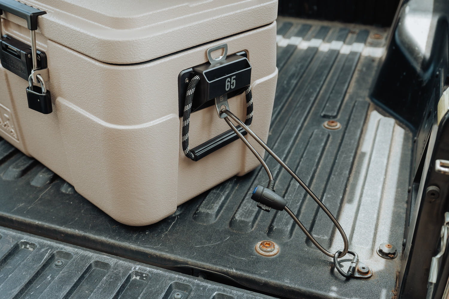 Cooler Strapped to Truck Bed
