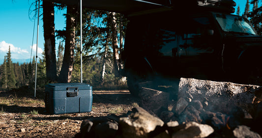 a cooler underneath a camping canopy